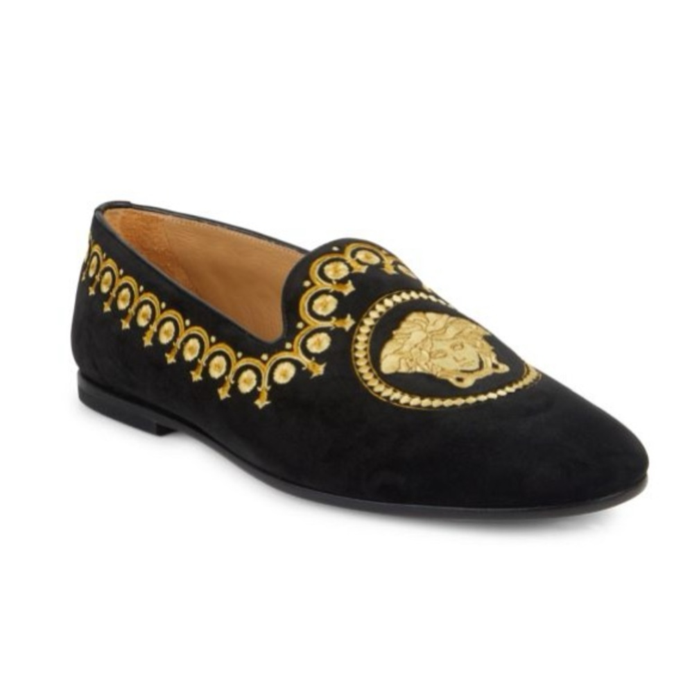 Versace medusa slipper loafers DSU7221 black gold 42/9 NWT